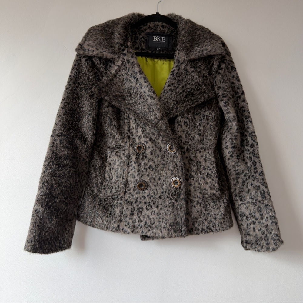 BKE Women's Gray Leopard Faux-Fur‎ Pea Coat with Double-Breasted Front
